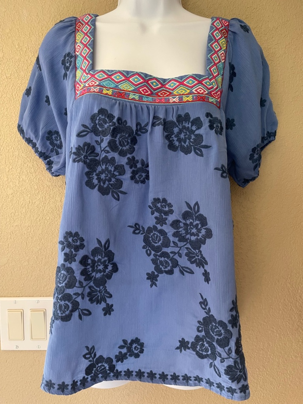 Savanna Jane Blue Puff Sleeve Embroidered Square-Neck Top